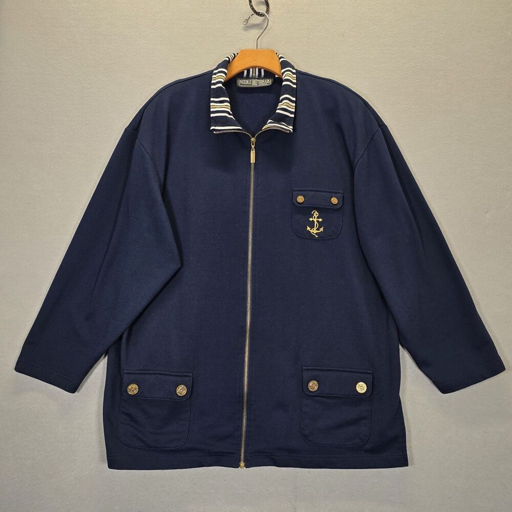 Needle & Threads Navy Blue Full Zip Nautical Jacket Gold Compass Embroidered 2X